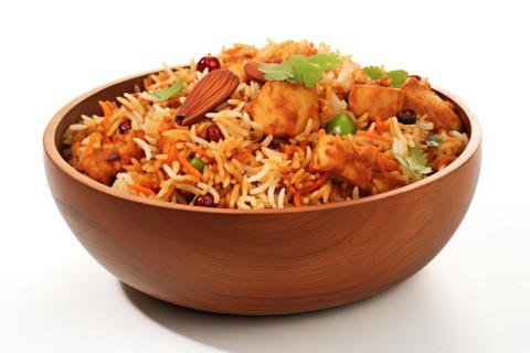 Delicious Chicken Biryani in a Wooden Bowl, AI generated