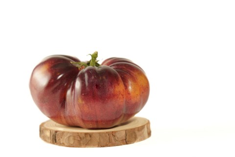 Close-up of a delicious fresh tomato of blue variety isolated on a white background on a wooden