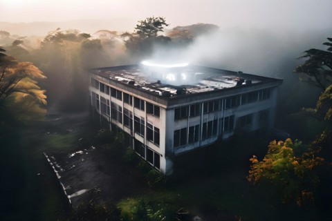 Neglected hospital section with collapsed roof elements, AI generated, hospital, damage, abandoned,