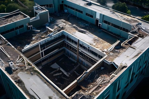 Neglected hospital section with collapsed roof elements, AI generated, hospital, damage, abandoned,