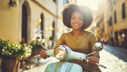Smiling woman riding a retro scooter during the golden hour on a picturesque italian street, blurry