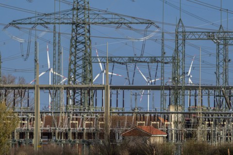 Stendal West substation with wind turbines in the background near Luederitz, Stendal,