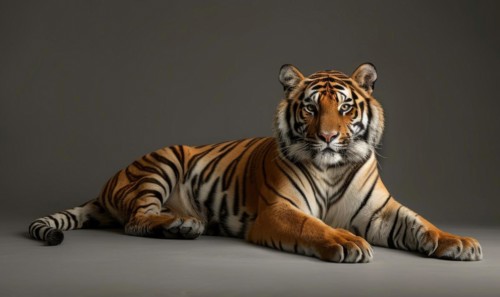 A Bengal tiger elegantly posing in front of a neutral backdrop AI generated