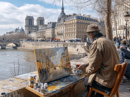 Strassenkuenstler bei der Arbeit an einem Gemaelde der Notre-Dame in Paris, Lifestyle in Paris,