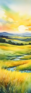 AI generated abstract painting of grasslands under a blazing sunset waves of greens