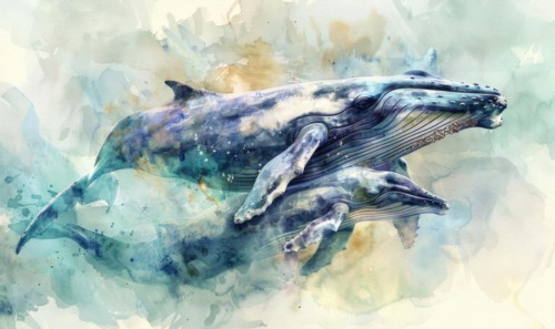 Watercolor illustration of mother whale with her calf in ocean AI generated