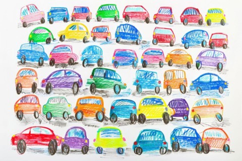Cars standing in a traffic jam, drawing with coloured pencils by a child of preschool age, primary