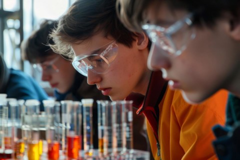 Pupils experimenting in a classroom with safety goggles, chemistry lessons, AI generated, AI
