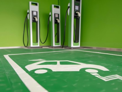 Close-up of electric vehicle charging stations with designated parking and green floor markings,