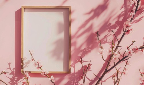 Flat background with blank poster mockup on pink wall AI generated