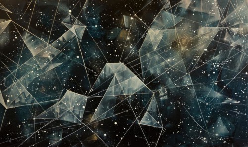 Ethereal mix of monochromatic geometric triangles set against a star-laden backdrop AI generated