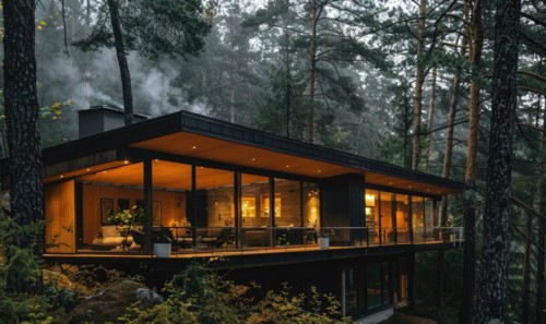 A modern wooden cabin nestled among tall pine trees in the forest AI generated