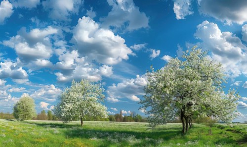 Blue skies over a blooming orchard AI generated