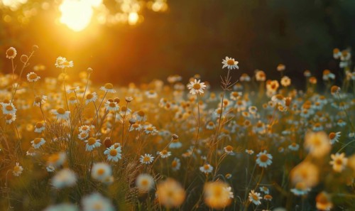 Chamomile field at golden hour, spring nature background AI generated