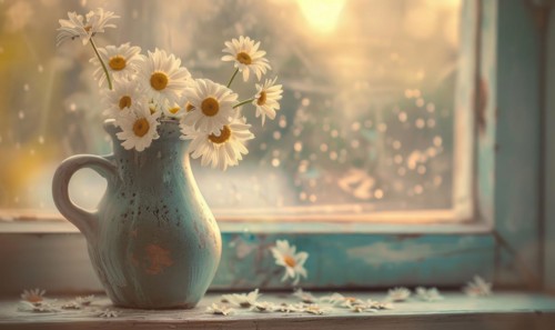 Daisies in a vintage vase on a windowsill AI generated