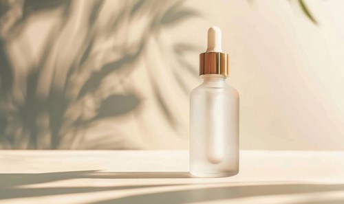 Frosted glass bottle mockup showcasing a luxurious hydrating facial serum with a sleek modern