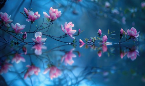 Magnolia blossoms reflected in the still waters of a tranquil pond. Magnolia blossoms touch water