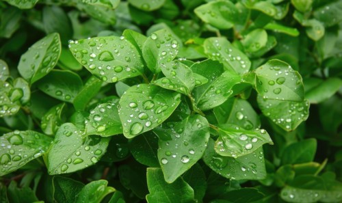 Raindrops on fresh green leaves, close up view of spring green leaves, nature background AI
