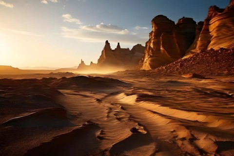 Patagonian desert landscape with powerful wind shaping landforms isolated rock formations, AI
