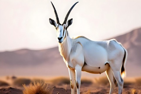 Arabian oryx with its long straight horns white coat shimmering in desert sun, AI generated