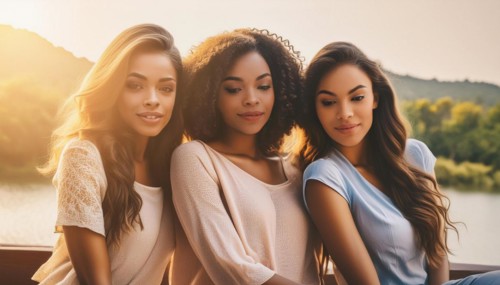 Three women friends in summer attire relaxing at a waterfront during sunset, exuding tranquility,