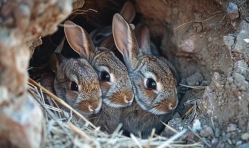 A bunny family nestled together in a cozy burrow AI generated