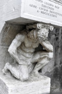 Rialto Market, stone figure of a satyr as part of a sculpture, Venice, Veneto, Italy, Europe