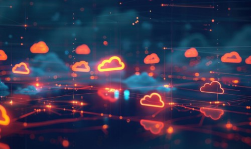 Cloud computing background with server racks and digital data streams AI generated