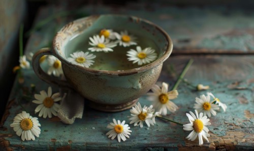 Chamomile tea in a rustic cup, closeup view AI generated