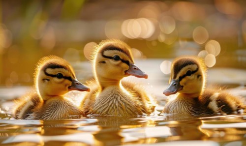 Ducklings swimming in a pond, close up view AI generated
