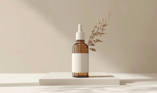 Studio shot of a minimalist glass bottle mockup containing a high-quality natural skincare serum AI