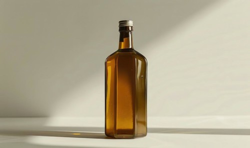 Studio shot of an amber glass bottle mockup filled with rich and aromatic cold-pressed olive oil AI