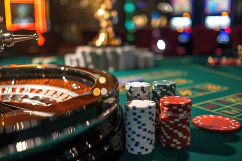 A lively casino scene with a spinning roulette wheel, colorful chips, and ambient lights, AI