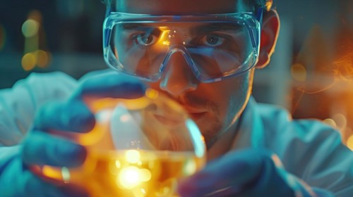 A scientist in goggles intently observes a flask with a glowing blue substance in a laboratory
