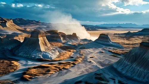 Patagonian desert landscape with powerful wind shaping landforms isolated rock formations, AI