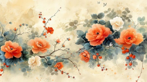 A vintage-style floral watercolor painting featuring red flowers on a pastel background, ai