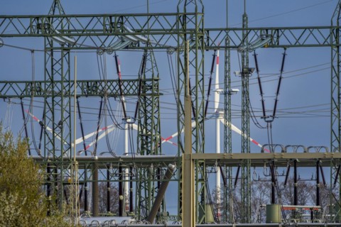 Stendal West substation with wind turbines in the background near Luederitz, Stendal,