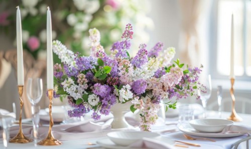 A floral arrangement featuring lilacs and laburnums on a dining table AI generated
