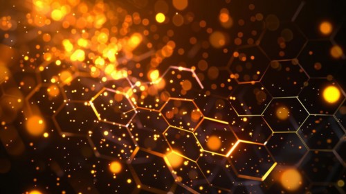 Golden geometric hexagons with a dynamic, particle-infused aesthetic, ai generated, AI generated