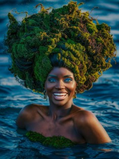 Cheerful woman laughing with moss hair, blue ocean water, and sunset, earth day concept, AI