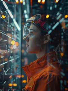 A woman in a cyberpunk setting wears advanced goggles adorned with neon lights, AI generated