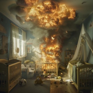 A huge fireball explodes in a child's room and causes chaos, AI generated