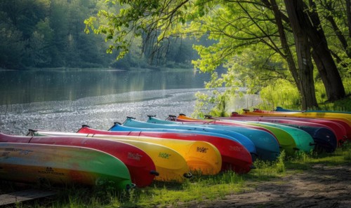 A row of colorful canoes parked beside a sparkling spring river AI generated