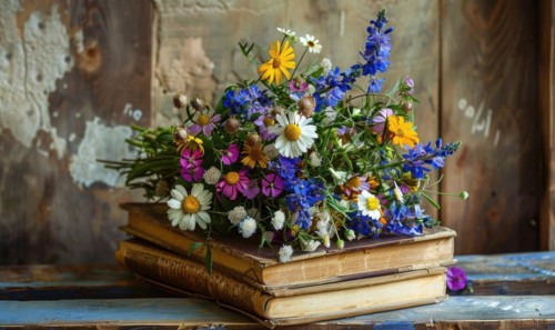 Bouquet of wildflowers placed on top of an antique book AI generated