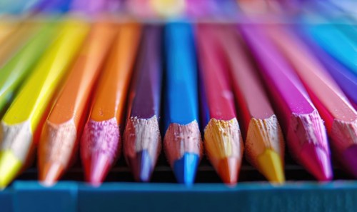 Close-up of a bunch of colored pencils, abstract background with colored pencils macro view AI