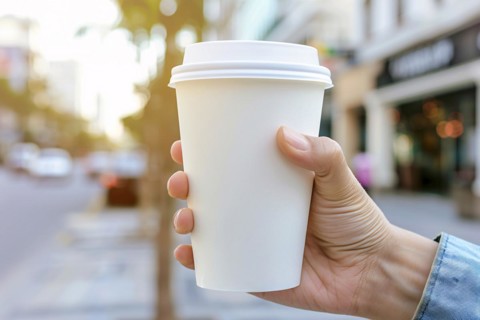 Person's hand holding white disposable coffee cup with blurry city in background. KI generiert,