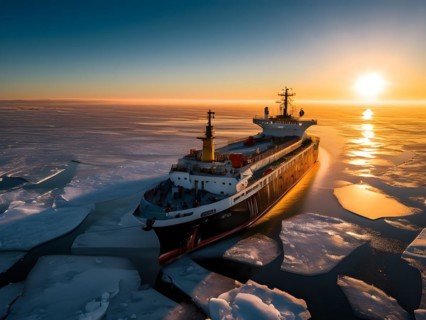 Aerial view of churned ice and open water trailing an icebreaker through pristine icy wilderness,