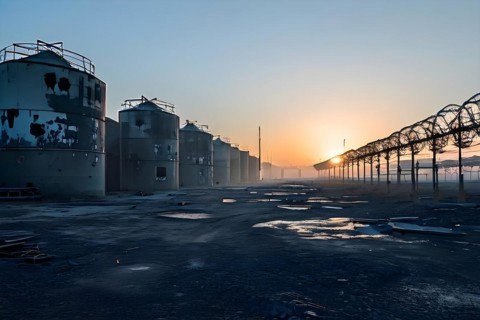 Deserted military base featuring empty barracks and abandoned tanks in silent, AI generated