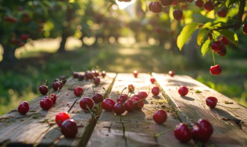 Ripe cherries scattered on a wooden picnic table in the dappled sunlight of a cherry orchard AI