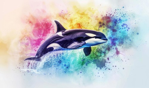 A watercolor depiction of an orca whale breaching the surface against a backdrop of vibrant ocean